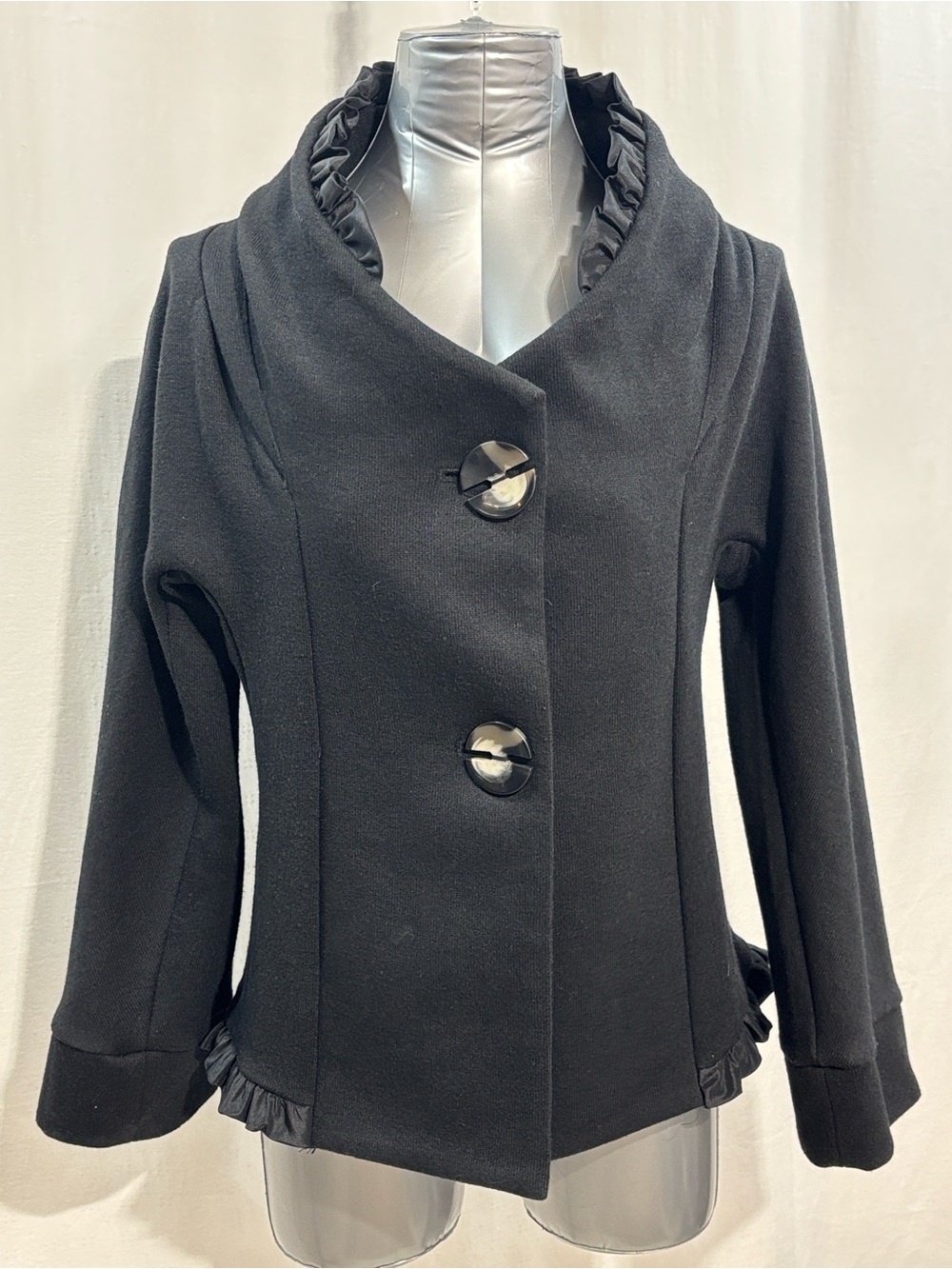 Lilibleu Black Tailored Pea Coat with Ruffle Trim Y2K trendy Office chic party